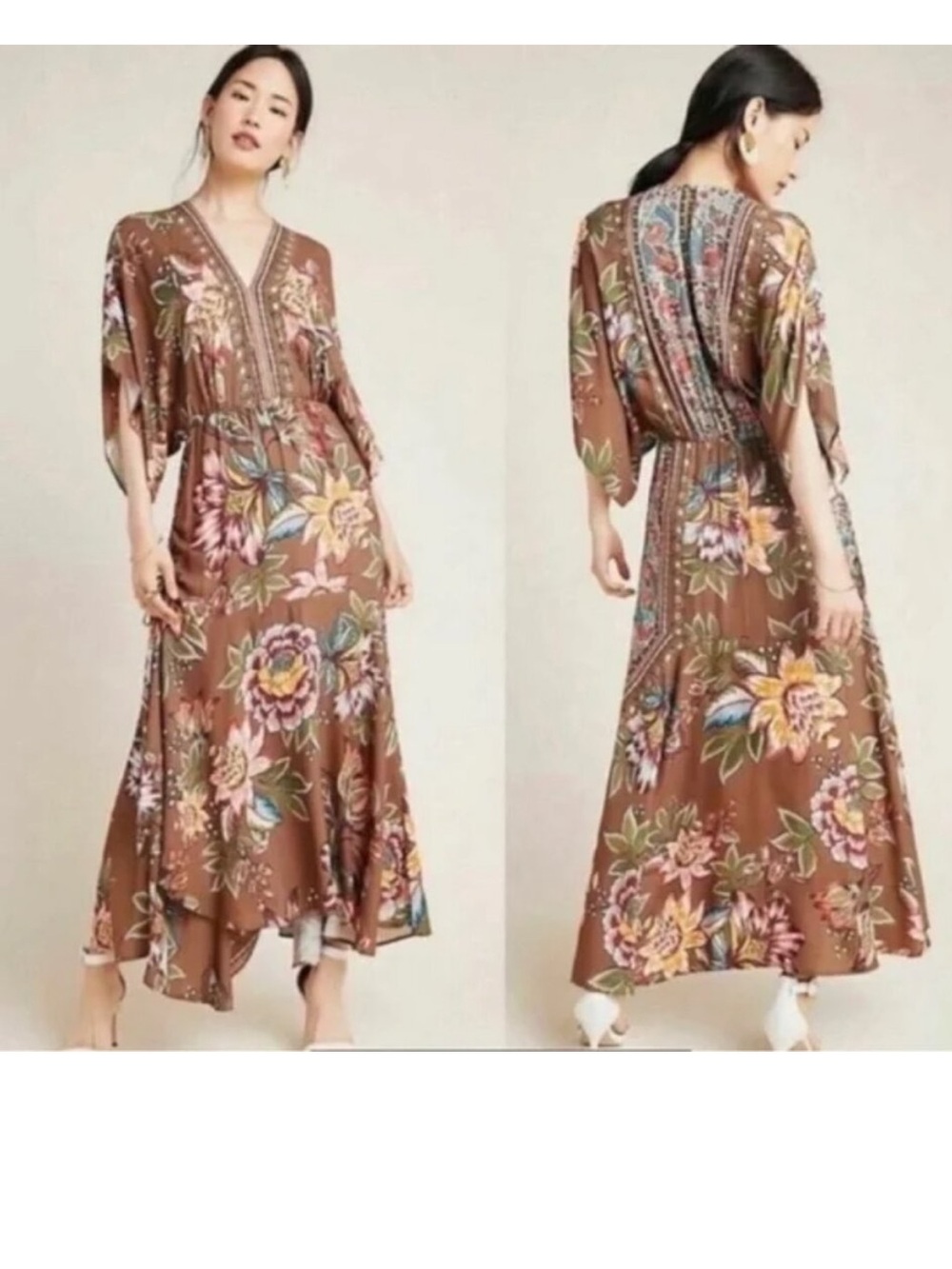 Farm Rio Anthropologie Valentina Maxi Dress Brown Floral V Kimono Large